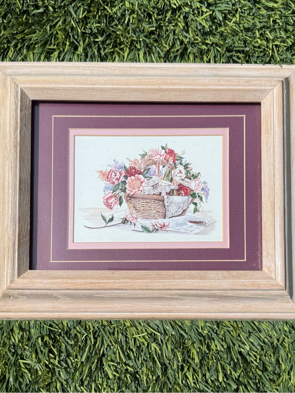 Framed Floral Basket Wall Art in Plum and Natural Wood